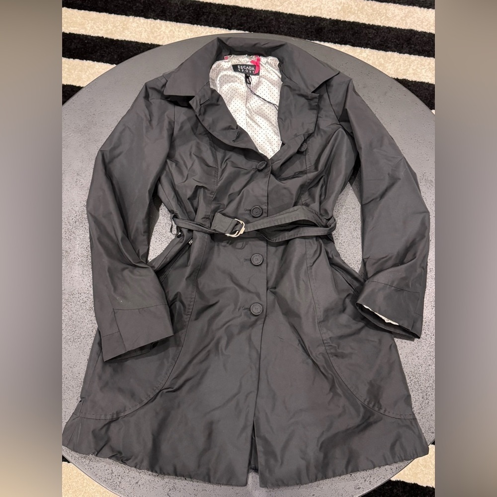Escada Black Belted Trench Coat with Polka-Dot Lining